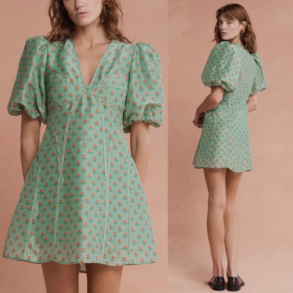 LOVAAN NWT Adeline Mini Puff Sleeve Linen Silk Dress in Green Rosette Size 10